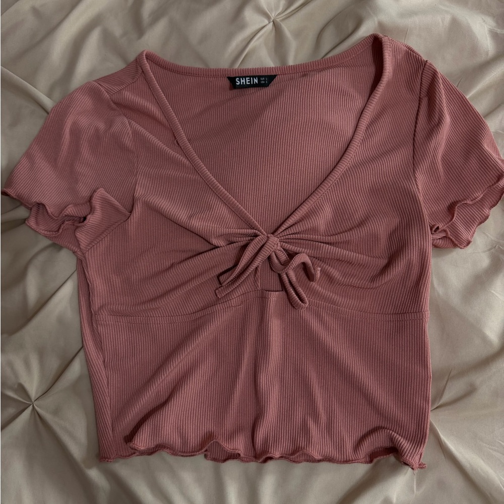 SHEIN Mauve Ribbed Crop Top with Tie Detail